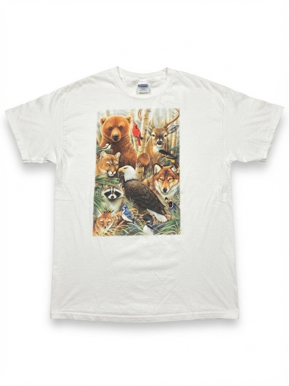 Gildan Heavy Cotton T-Shirt Men Large White Wildlife Animals Nature Graphic Vtg